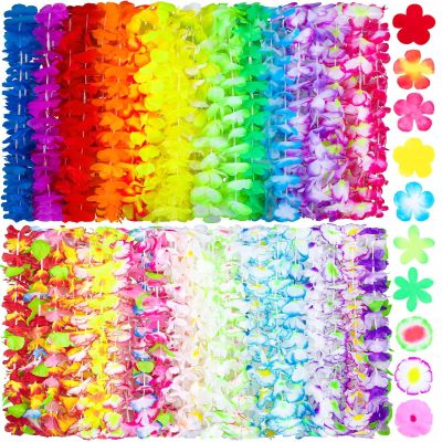 Ruisita 200 Pieces Leis Necklace Hawaiian Colorful Tropical Leis Necklace in 50 Colors Hawaiian Garland Party Decorations for Luau Themed Party, Beach, Holiday, Birthday Decorations
