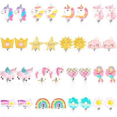 16 Pairs Kids Clip on Earrings for Girls Cute Unicorn Mermaid Non Pierced Clip on Earrings for Kid Little Girl(Exquisite Style)