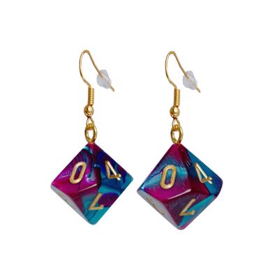 d20 / d10 Polyhedral Dice Earrings - Multicolored Pearlescent Swirl (d10 Purple-Teal)