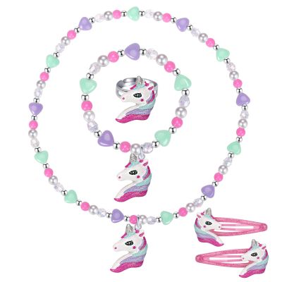 Girls Play Necklace and Bracelets Ring Hair Clips Toddler Unicorn Jewelry Kids Little Girls Unicorn Necklace Set Charm Rainbow Unicorn Pendants Party Favors Toddlers Colorful Dress up Jewelry Gifts-AA001
