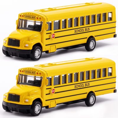 2 Pack 5.5inch Pull Back School Bus Playset, Die-cast Metal Toy Play Vehicles with Yellow for Kids Boys Toddlers