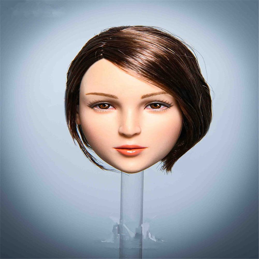 1/6 Scale Female Head Sculpt, Asian Girl Planted Hair Head Carving for 12inch Seamless Action Figure Body Doll (C)