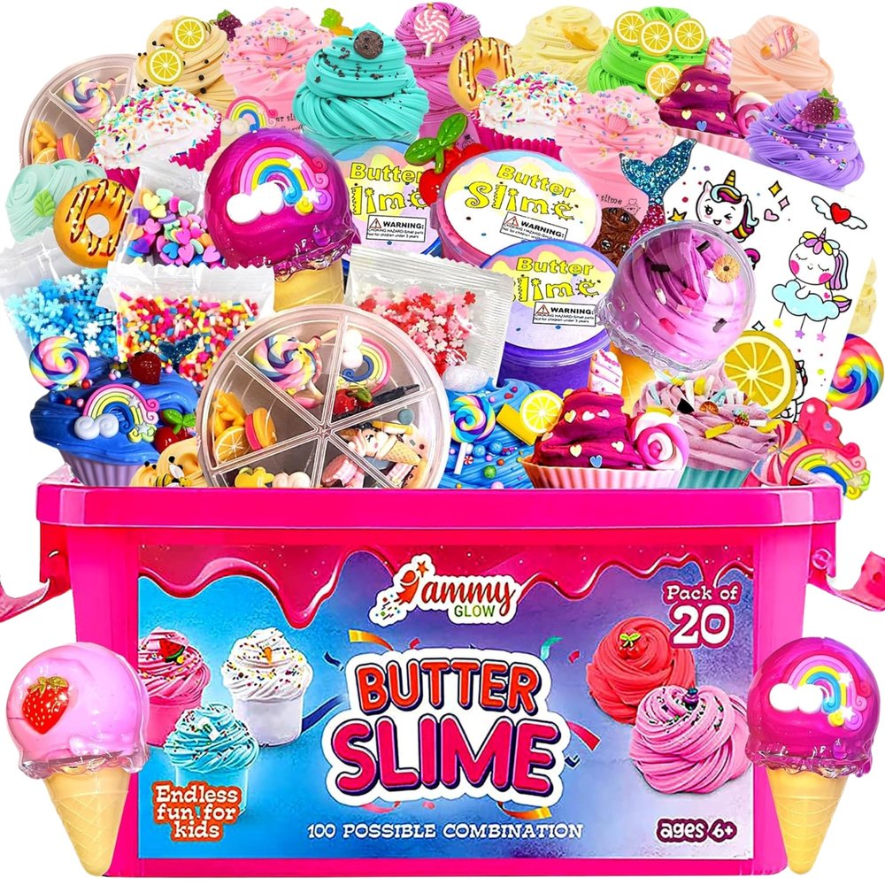 Jumbo Butter Slime Kit for Girls Ages 8-10-49 pcs w/Organizer Box Filled w/Slime Charms, Fruit- Ice Cream-Cup Cake & More- Birthday Gift for Boys Girls- Fidget Toys-Easter Basket Stuffers