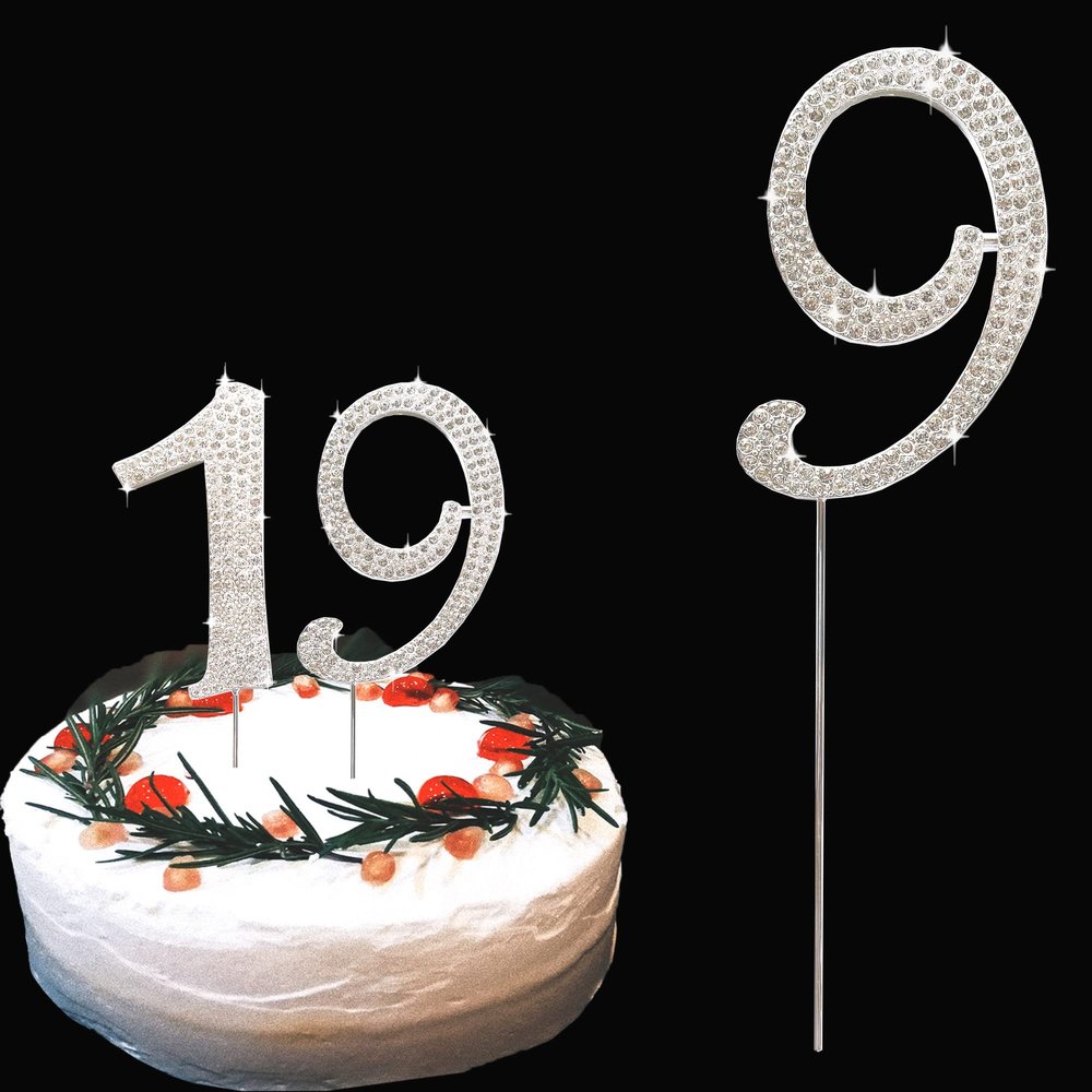 Cake Topper Silver Metal Number 9, Diamond Cake Decoration with Sparkle Rhinestone for Birthday Wedding Anniversary Party