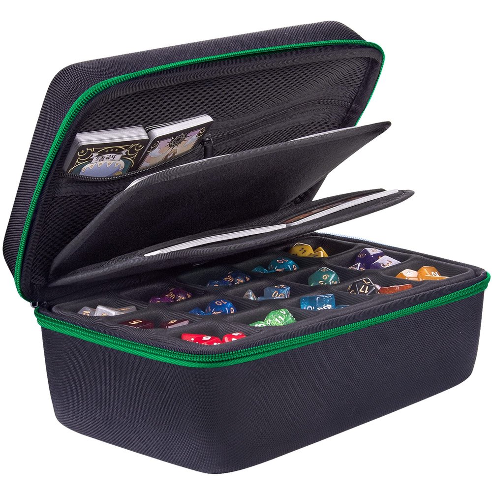 SIQUK Dice Storage Case Big Capacity Dice Box with Double Removable Slotted Tray and Handle Dice Organizer Holder for DND and Other RPG Table Games, Holds Up to 30 Sets DND Dices, Green