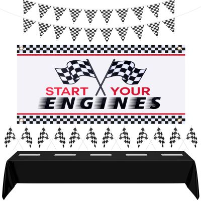 Racing Car Party Decorations Set - 1 Start Your Engines Backdrop, 1 Racetrack Tablecloth, 9.8ft Black and White Checkered Flags Pennant Banner, 12 Checkered Flags for Race Car Birthday Supplies