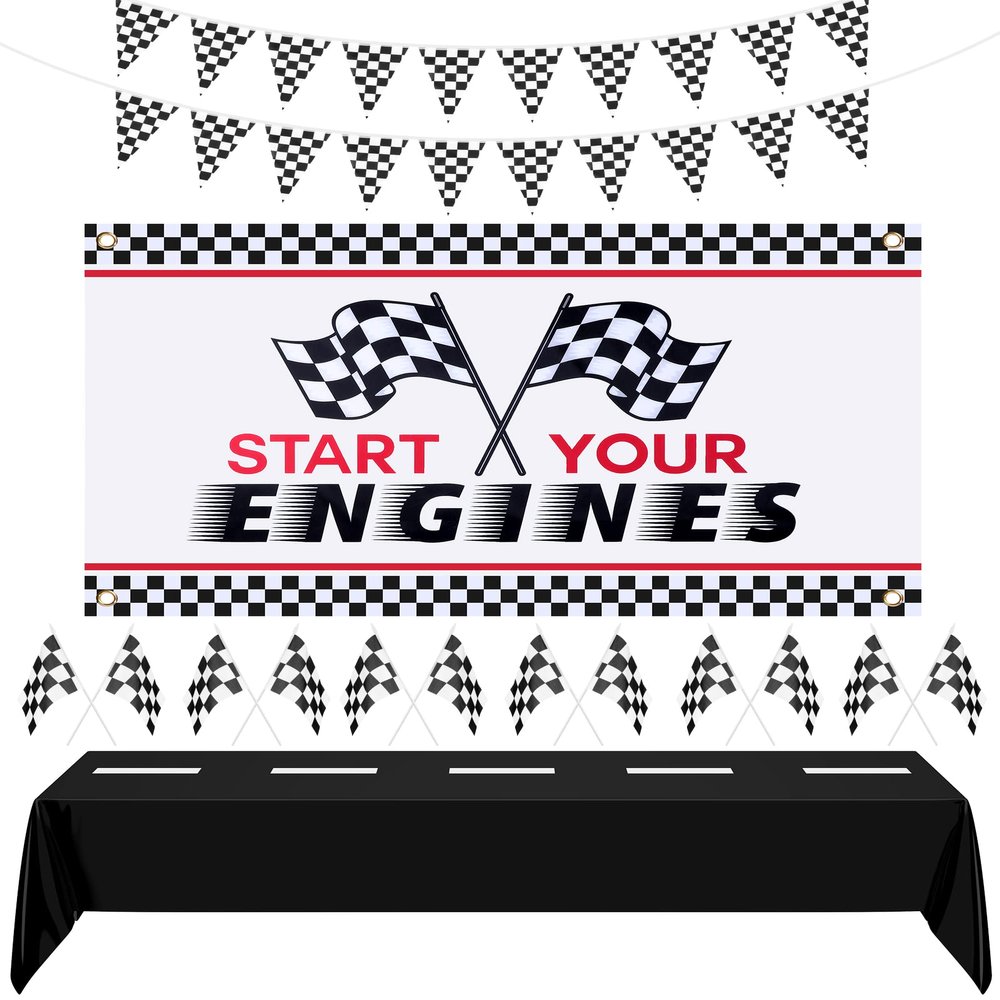 Racing Car Party Decorations Set - 1 Start Your Engines Backdrop, 1 Racetrack Tablecloth, 9.8ft Black and White Checkered Flags Pennant Banner, 12 Checkered Flags for Race Car Birthday Supplies