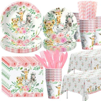 HIPVVILD Safari Birthday Decorations Tableware Girl, Jungle Theme Party Supplies, Plate, Cup, Napkin, Tablecloth, Cutlery, Straw, Safari Jungle Animal Birthday Baby Shower Party Decorations | Serve 24