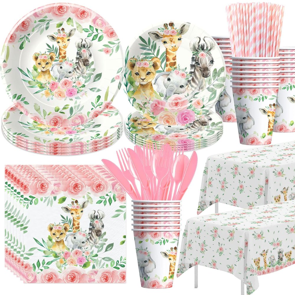 HIPVVILD Safari Birthday Decorations Tableware Girl, Jungle Theme Party Supplies, Plate, Cup, Napkin, Tablecloth, Cutlery, Straw, Safari Jungle Animal Birthday Baby Shower Party Decorations | Serve 24