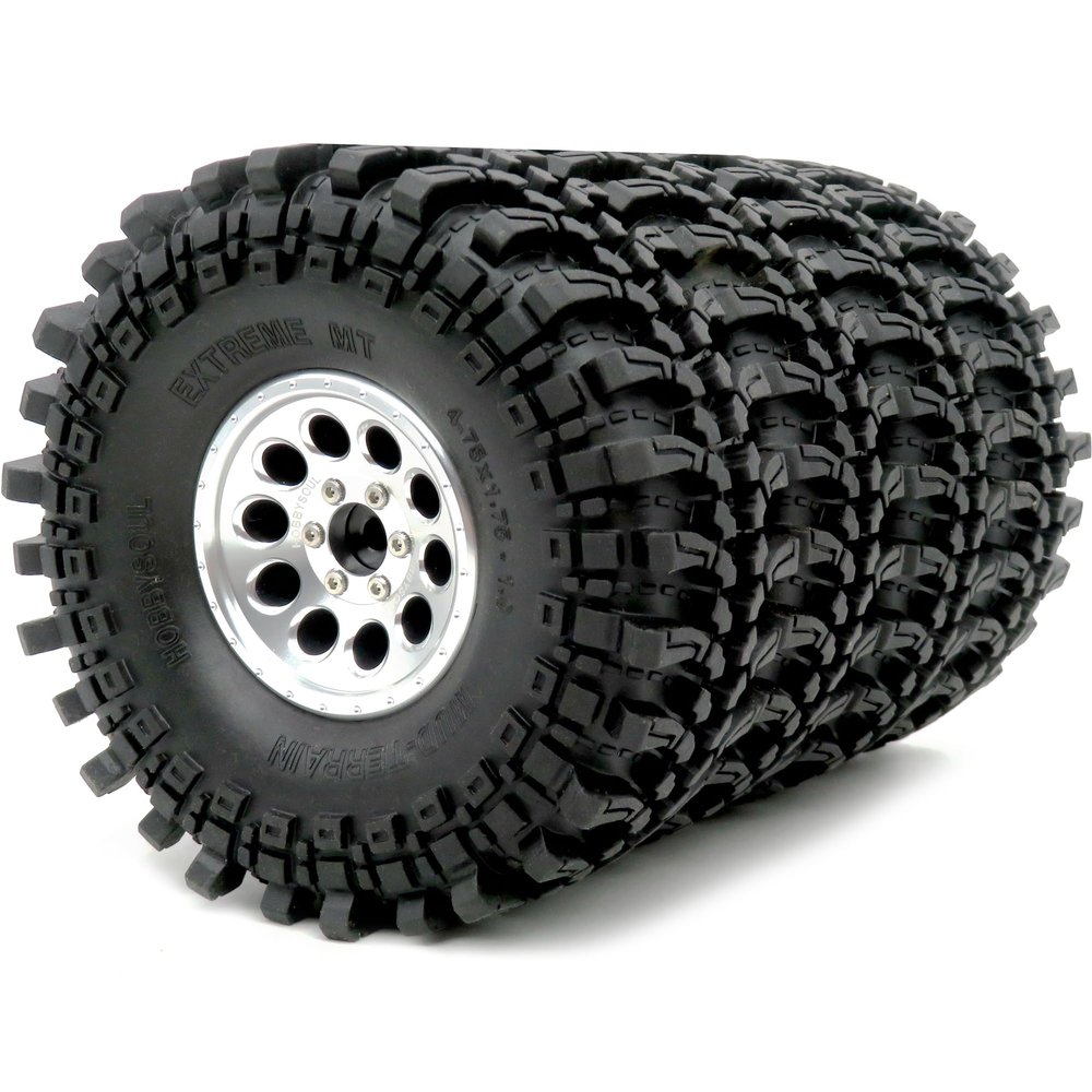 HOBBYSOUL RC 1.9 Beadlock Wheels Rims Silver & XL Size 1.9 Tires 4.75" (121mm) Fit 1/10 Crawler Redcat Gen8 Traxxas TRX-4 Tamiay CC01 Axial SCX10 Mud Rock Crawler Badland Terrain, (4-Pack, Assembled)