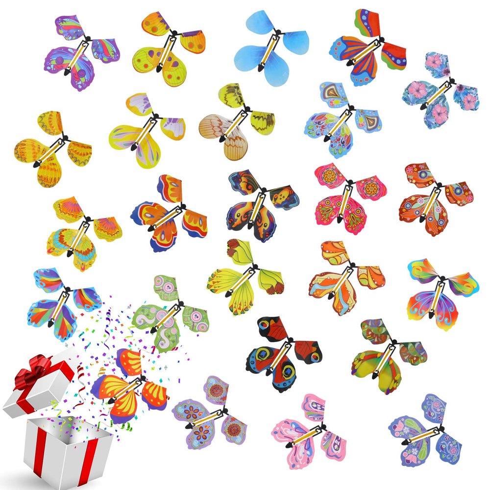 AhlsenL 25 PCS Flying Butterfly Toy, Flying Butterfly Wind up Butterfly Toy Butterfly Card Rubber Band Powered Toy for Wedding Birthday Party Book and Greeting Cards(Upgrade 25 Styles)