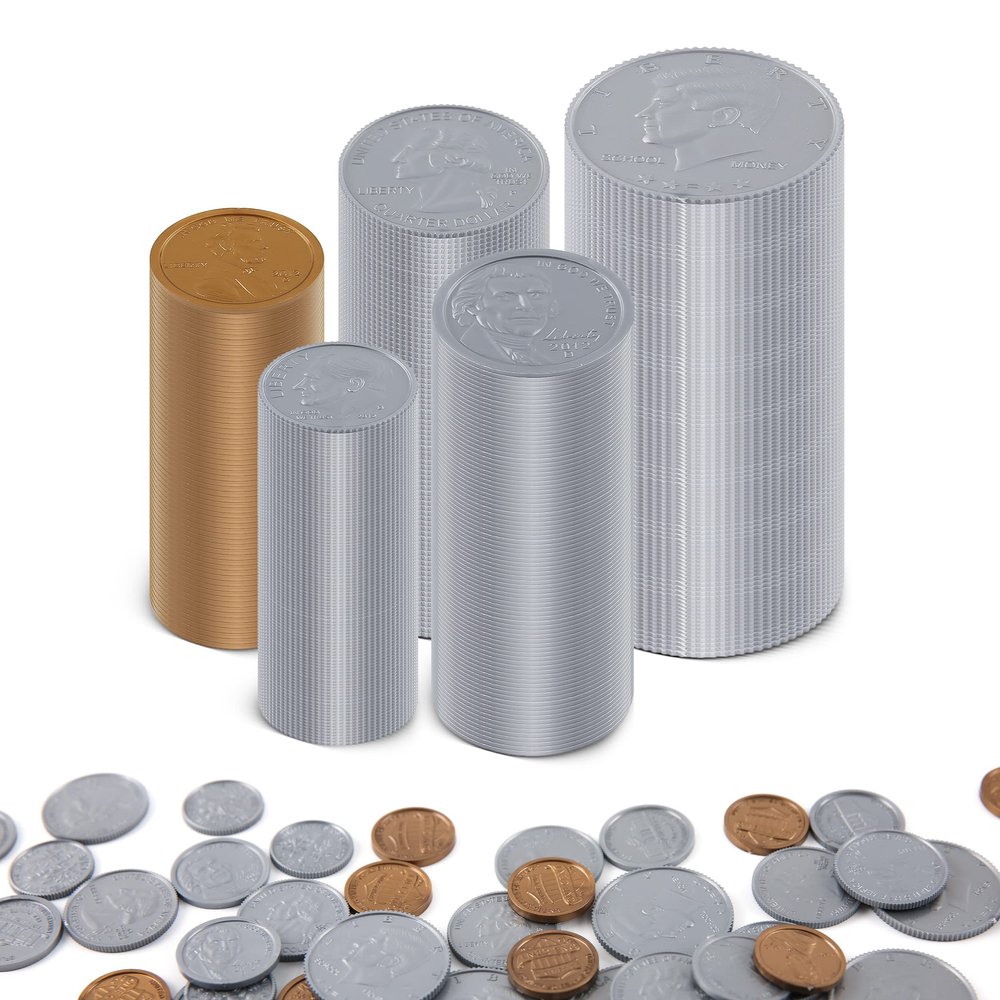 100 Pcs Fake Coins for Kids Learning,Plastic Play Coins for Teaching,20 Pennies, 20 Nickels, 20 Dimes, 20 Quarters, 20 Half-Dollars for Kids Pretend Play Store Or Cash Register