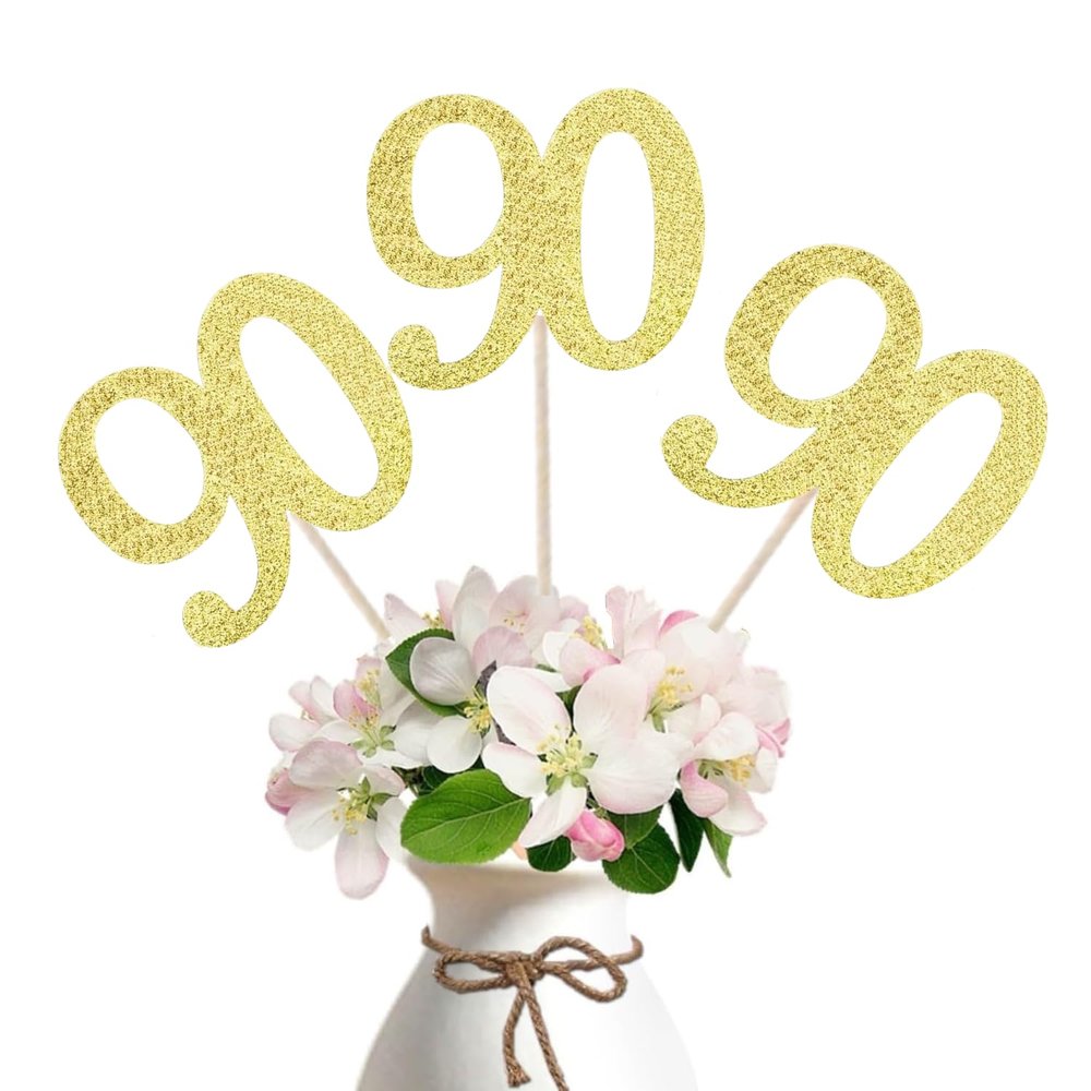 10-Pack Double Sided Glitter 90th Birthday Centerpiece Anniversary Centerpiece Sticks, Number 90 Table Topper Cake Topper for 90th Birthday Anniversary Table Party Decorations (Double Sided gold)