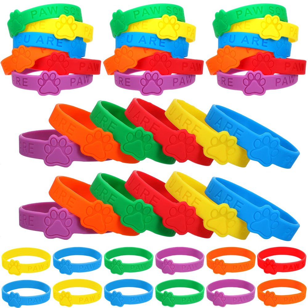 Jerify 60 Pieces Paw Print Rubber Bracelets Bulk Back to Gifts Silicone Wristband Dog Paw Stretch Bracelets Animal Theme Wristband for Student Activity Party Supplies, 6 Colors