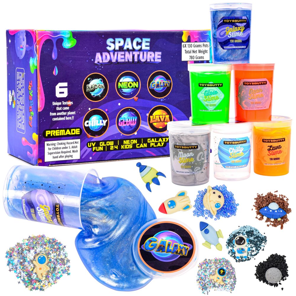 FINOCLAY Slime Kit for Girls Boys, 6 Galaxy Stretchy None Sticky Slime Educational Toys with Space Slime Charms &Galactic add ins,Neon Glow Metallic Slimes, Party Bag Fillers for Kids Sensory Putty