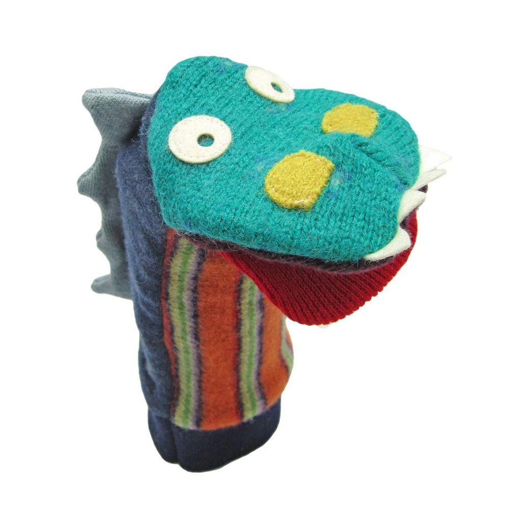 Cate & Levi - Hand Puppet - Premium Reclaimed Wool - Handmade in Canada - Machine Washable (Dinosaur)
