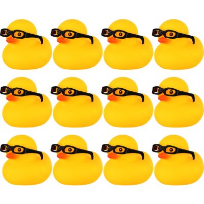 Chivao 12 Pcs Rubber Ducks with 12 Sunglasses/ Hats/ Headwear Small Mini Carnival Cruise Birthday Rubber Duckies Bathtub Toys in Bulk(Duck with Glasses,Yellow)