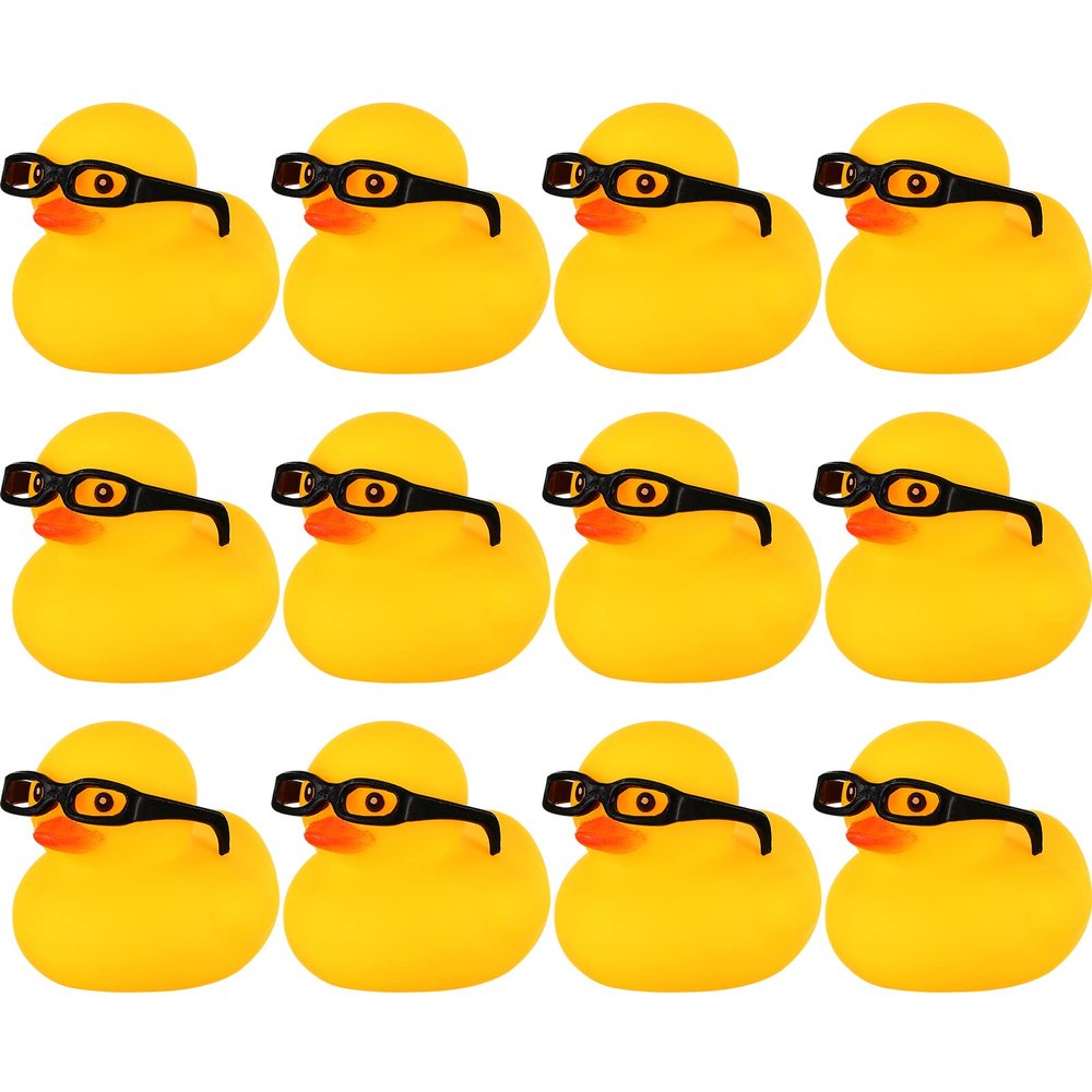 Chivao 12 Pcs Rubber Ducks with 12 Sunglasses/ Hats/ Headwear Small Mini Carnival Cruise Birthday Rubber Duckies Bathtub Toys in Bulk(Duck with Glasses,Yellow)