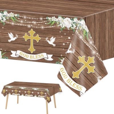 3 PCS God Bless Baptism Tablecloths - Decoration for First Holy Communion, Christening, Newborn Baby Shower Theme Supplies - Plastic Table Cover - Rustic Wood Floral Party Favors