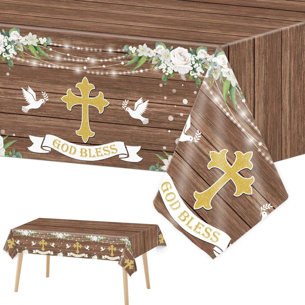 3 PCS God Bless Baptism Tablecloths - Decoration for First Holy Communion, Christening, Newborn Baby Shower Theme Supplies - Plastic Table Cover - Rustic Wood Floral Party Favors