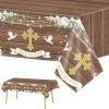 3 PCS God Bless Baptism Tablecloths - Decoration for First Holy Communion, Christening, Newborn Baby Shower Theme Supplies - Plastic Table Cover - Rustic Wood Floral Party Favors view 1