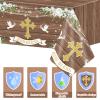 3 PCS God Bless Baptism Tablecloths - Decoration for First Holy Communion, Christening, Newborn Baby Shower Theme Supplies - Plastic Table Cover - Rustic Wood Floral Party Favors view 3