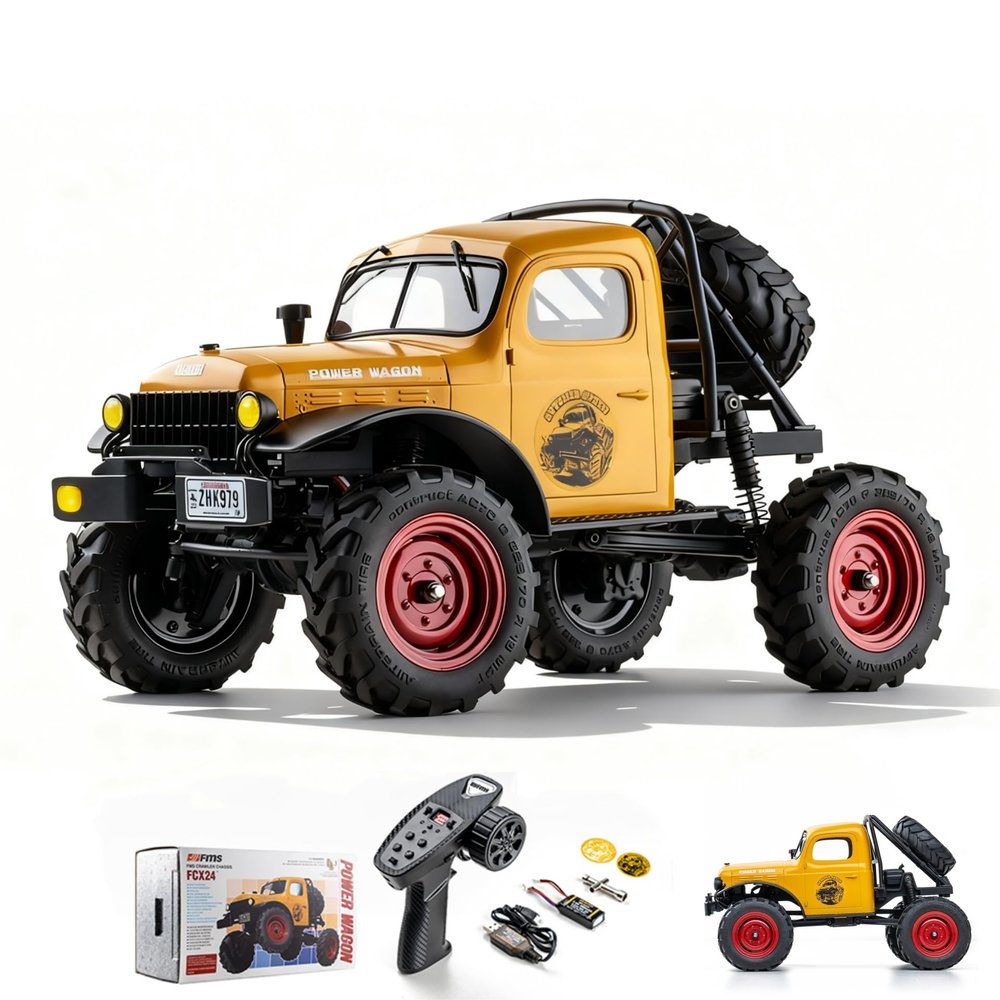 BEEZRC FMS RC Crwaler 1/24 Scale FCX24 Power Wagon RTR V2 4WD 2.4GHz 3CH Offroad RC Car Model Vehicle Hobby Grade Remote Control Car(Yellow)