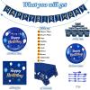 Pajean Blue Happy Birthday Party Tableware Set Birthday Decoration Banner and Tablecloths Decoration Plates Cups Napkins Dinnerware for 24 Guests Party Supplies(Blue and Gold) view 3