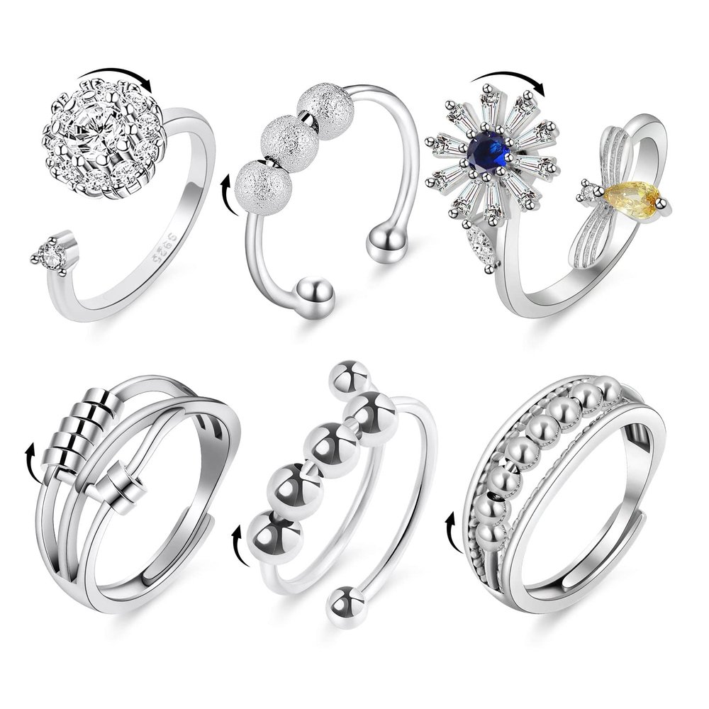 6PCS Anti Anxiety Fidget Ring for Women, Open Adjustable Ring, CZ Cubic Zirconia Diamond Rings, Rotatable Bead Rings, Bee Daisy Rings Set for Women Stress Relief