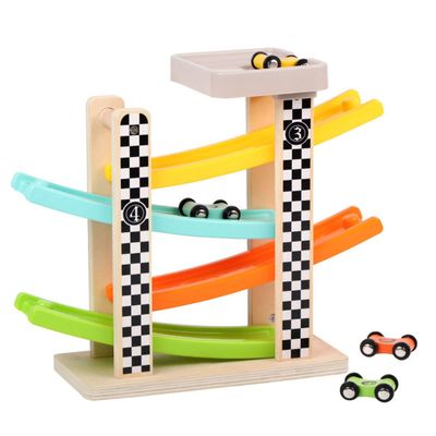 Wooden Quad Track Glide Racing Toy Car Ramp Race - Level 4 Toy Car Ramp Track with 4 Wooden Cars and 3 Garage Toddler Racing Ramp Playset Car Ramp Toys for Boys & Girls Gifts 2-4
