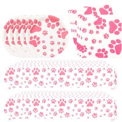82 PCS Dog Party Supplies - Dog Birthday Paw Prints Party Supplies for Girl include Pink Pawty Puppy Plates, Napkins, Tablecloth, for Doggy Tableware Party - Serves 40