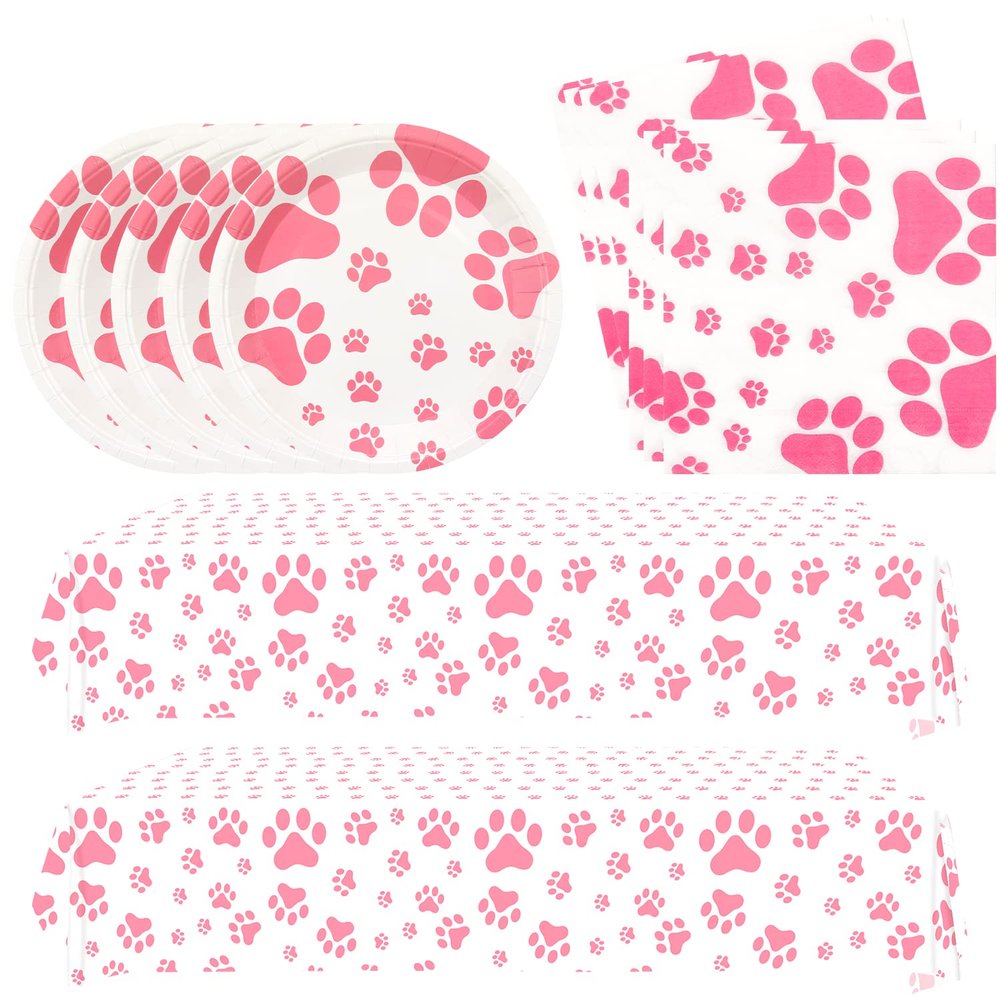82 PCS Dog Party Supplies - Dog Birthday Paw Prints Party Supplies for Girl include Pink Pawty Puppy Plates, Napkins, Tablecloth, for Doggy Tableware Party - Serves 40