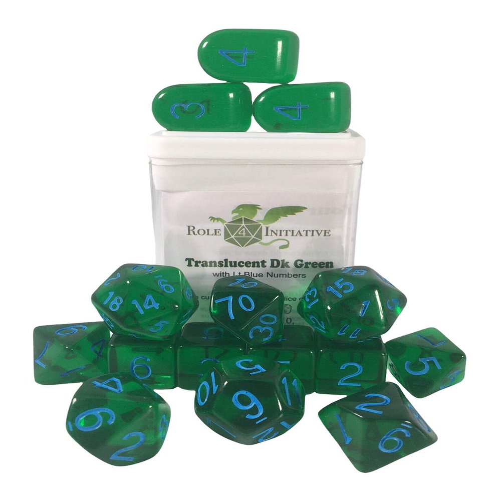 Translucent Dark Green w/Lt Blue Ink - Set of 15 Dice Set of 15 w/Arch'd4