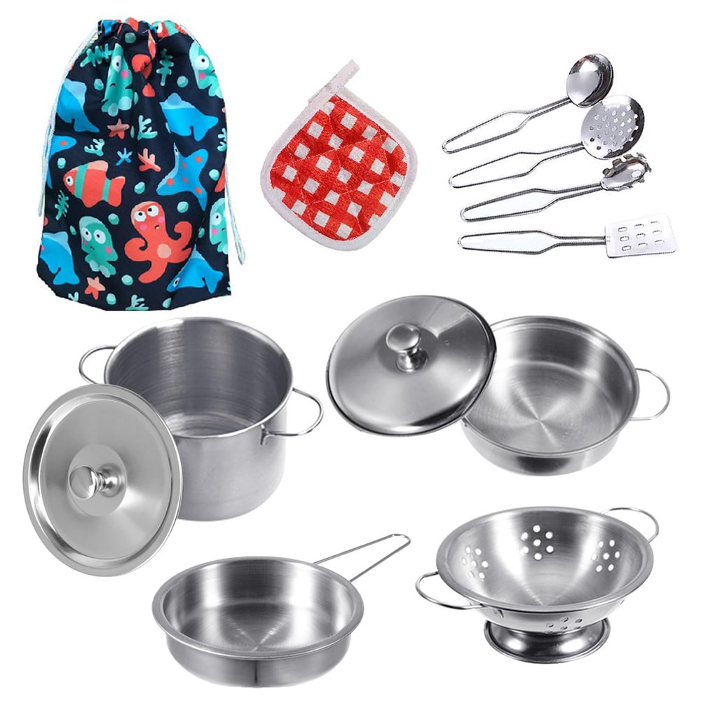 Tiny Cookware Utensils Pretend Play Kitchen Toys Stainless Steel Cooking Set Toys Montessori Kitchen Playset Kids Pots and Pans Playset,Play Kitchen Cooking Toys Kitchen Accessories for Kids Toddlers