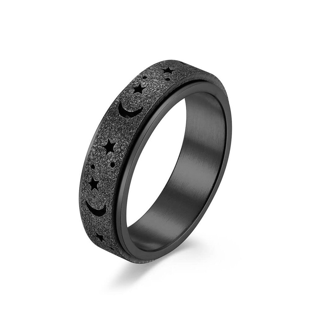 Men Women Black Spinner Ring Matte Finish Stainless Steel Moon Star Fidget Rings for Anxiety Stress Relieving ADHD Autism Ring (11)