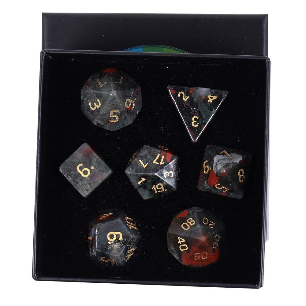 Amogeeli 7pcs Hand-Carved Crystal DND Dice Set, Stone Polyhedral Rolling Dice Kit for RPG MTG COC Table Game, Africa Bloodstone