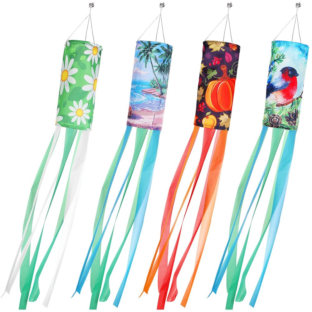4 Pack Seasonal Windsock Spring Summer Fall Winter Outdoor Heavy Duty Hanging Decor Daisy Flamingo Pumpkin Snowbird Wind Socks Spinners for Garden Yard Decoration 5.91 x 39.37 Inch