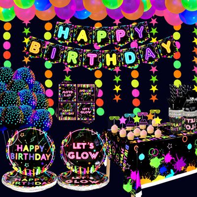 Glow Neon Party Supplies- Glow in the Dark Glow Happy Birthday Banner, Plates, Tablecloths, Cups, Napkins, Straws, Hanging Swirls, Neon Balloons, for Blacklight Party Decorations Serves 20 (Set-01)