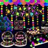 Glow Neon Party Supplies- Glow in the Dark Glow Happy Birthday Banner, Plates, Tablecloths, Cups, Napkins, Straws, Hanging Swirls, Neon Balloons, for Blacklight Party Decorations Serves 20 (Set-01) view 1