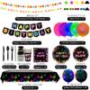 Glow Neon Party Supplies- Glow in the Dark Glow Happy Birthday Banner, Plates, Tablecloths, Cups, Napkins, Straws, Hanging Swirls, Neon Balloons, for Blacklight Party Decorations Serves 20 (Set-01) view 2
