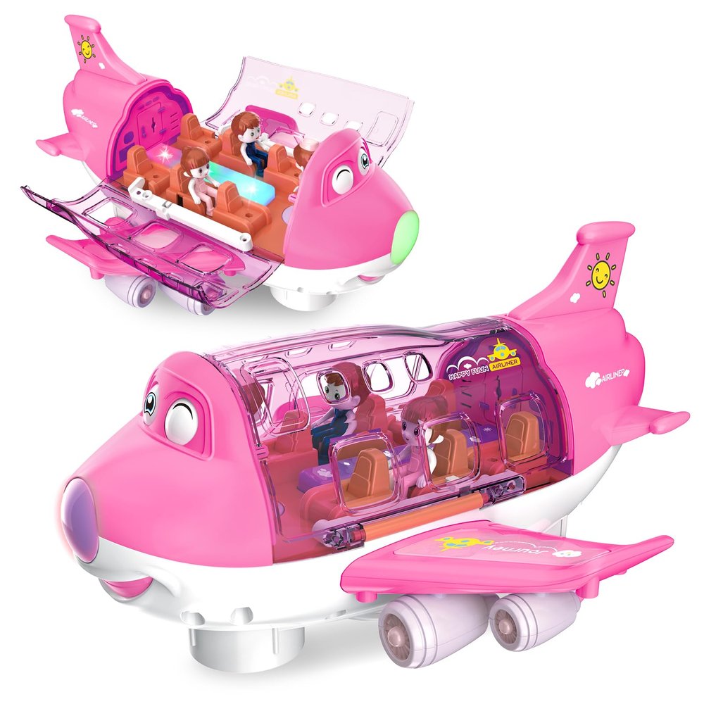 Ynybusi Pink Airplane Toys for Toddlers 1-3-5, Toy Airplane for 4-8 Year Old Boys Girls Birthday, Toddler Toys Bump and Go Action Air Plane with LED Flashing Lights & Sounds (Pink)