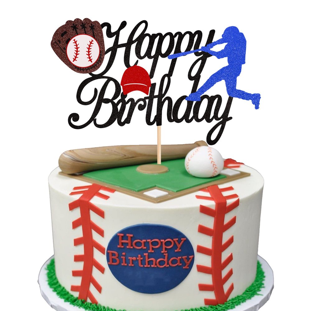 1 PCS BaseBall Happy Birthday Cake Topper Glitter Baseball Player Sports Theme Cake Pick Decorations for Baseball Theme Baby Shower Kids Birthday Party Cake Decorations Supplies