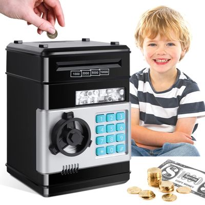 GuDoQi Piggy Bank for Boys Electronic Coin Money Bank Toy for 3 4 5 6 7 8 9 10 Year Old Children, Mini ATM Cash Coin Saving Box for Birthday Gifts Kids Age 3-10, Black