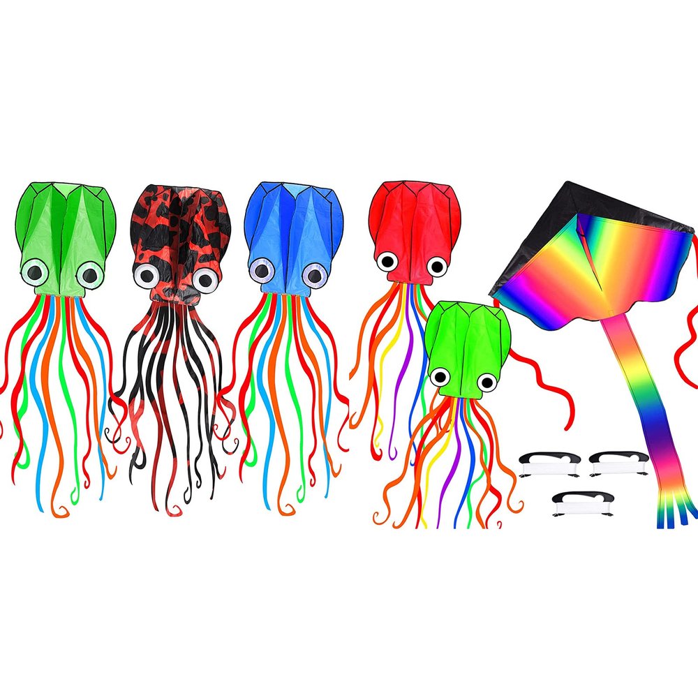 6 Pack Octopus Kite, 3D Kite Long Tail Easy Flyer Kite Beach Kites People Adults Gift Kites for Kids Easy to Fly, Kite Kit with Kite String 100M, Kiteboarding Kite for Adults