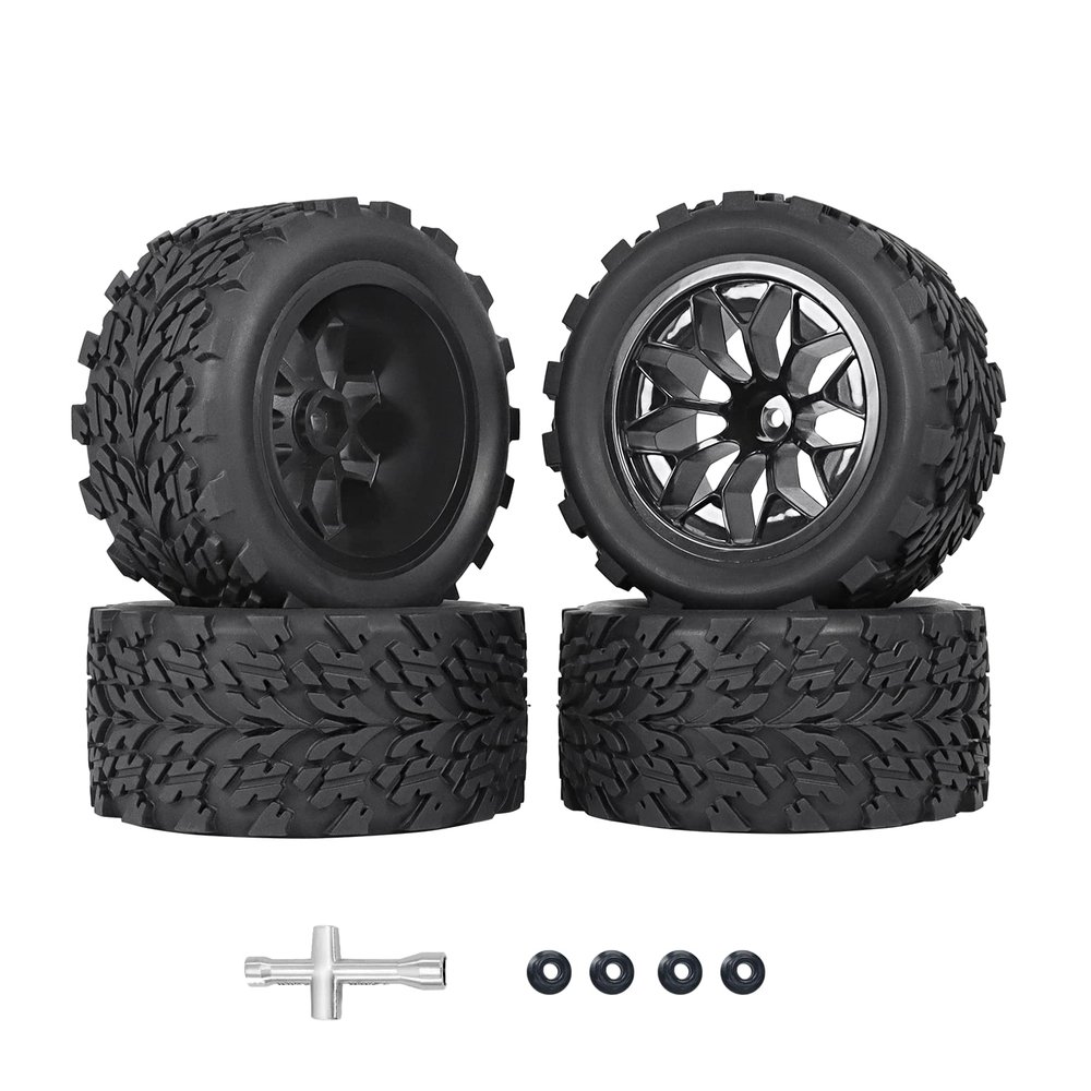 RC Station 12mm Hex RC Wheels and Tires 1/10 Scale RC Truck Tires and Wheels for Traxxas Rustler Stampede 2wd 4x4 vxl Hoss E-Revo Redcat Volcano EPX RIAARIO AMORIL Tires and Wheels Preglued 4PCS