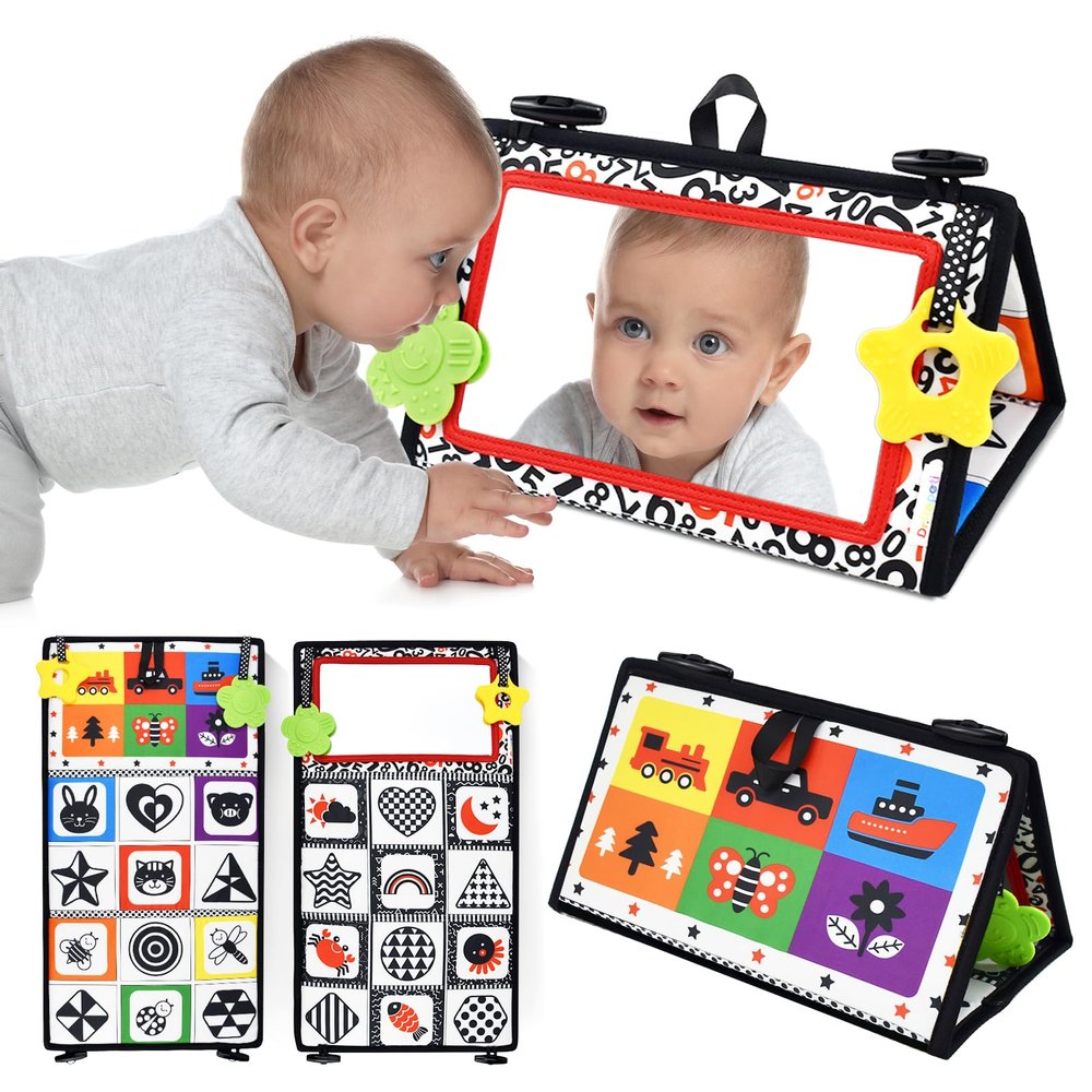 Dr.Rapeti Tummy Time Floor Mirror for Baby Infant Toddler Kids Black and White High Contrast Baby Toy with Teethers Floor Activity Toy Washable Non-Toxic