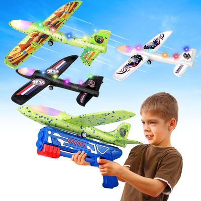 Onysurui 3 Pack Airplane Launcher Toy, 12.6" Foam 2 Flight Mode Led Plane Catapult Boy Toys with 3 DIY Stickers, Outdoor Flying Toys for Kids Gifts for 4 5 6 7 8 9 10 12 Year Old Boys Girls