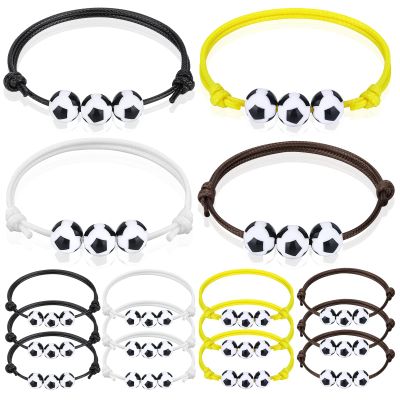 12Pcs Soccer Charm Bracelets Soccer Party Favors Beads Black Yellow White Brown Adjustable Wristbands Sports Soccer Birthday Party Gifts Supplies Sport Ball Bracelet Decoration for Team Men Women
