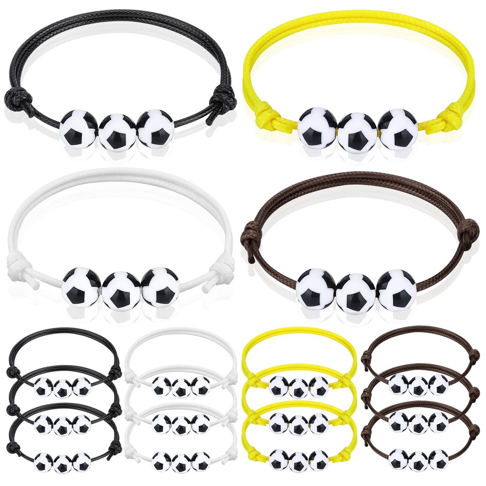 12Pcs Soccer Charm Bracelets Soccer Party Favors Beads Black Yellow White Brown Adjustable Wristbands Sports Soccer Birthday Party Gifts Supplies Sport Ball Bracelet Decoration for Team Men Women