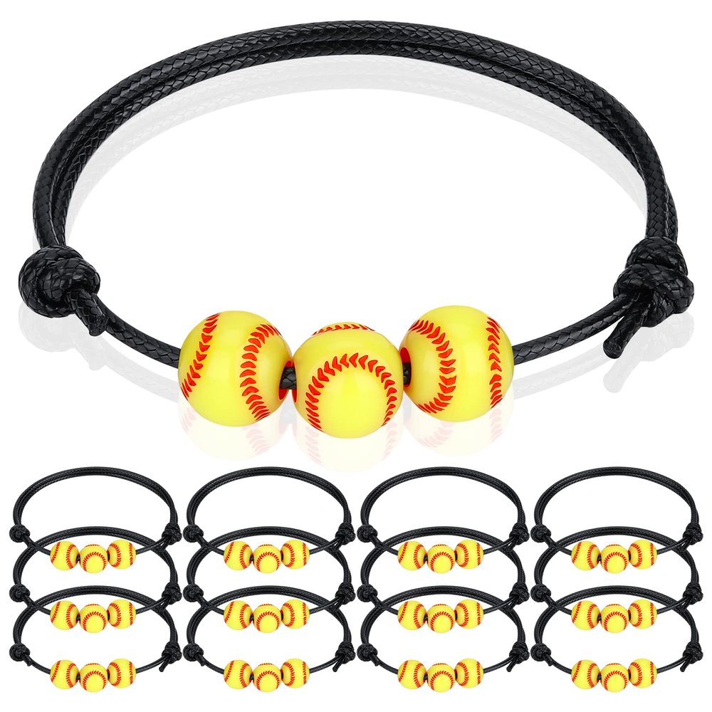 12Pcs Softball Charm Bracelets Softball Party Favors Softball Beads Adjustable Wristbands Inspirational Sport Ball Bracelet for Women Teens Sport Birthday Party Christmas Gifts Baseball Favor for Team